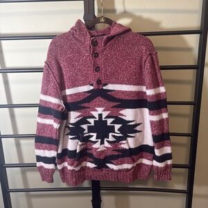 American‎ Eagle Men's Hooded Henley Sweater Red Aztec Tribal Ribbed Hem Size XL